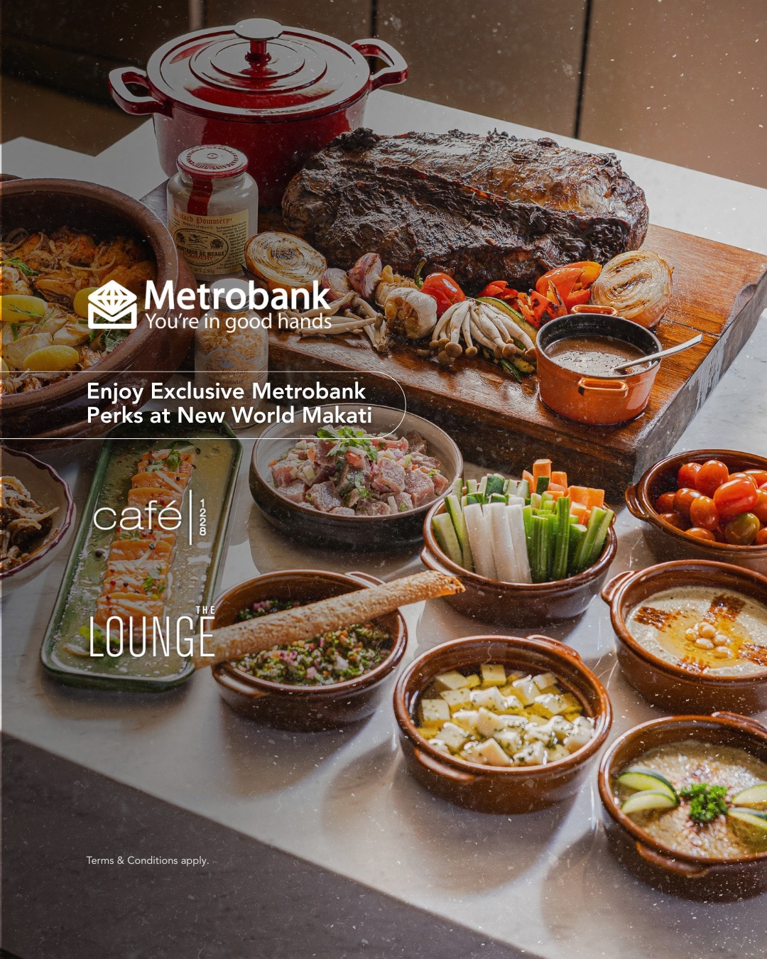 Experience, celebrate, and enjoy more with your Metrobank card at New World Makati Hotel 🍴

50% OFF lunch and dinner buffet at Café 1228 (minimum of 2, maximum of 20 diners per card)​
10% OFF food and select beverages at The Lounge with a minimum spend of ₱3,000​
20% OFF annual single and family memberships at The Gym​
Stay in style with special room rates starting at ₱9,800 nett inclusive of breakfast for 2​
​
Dining promo runs from January 2 – June 30, 2026 (blackout dates apply).​
Room promo runs from January 1 – December 23, 2026 (stay until December 30).​
Gym promo runs all year, January 1 – December 31, 2026.​

For general inquiries: ​
📞 (02) 8811 6888​
 📱 0917 888 4194​
📧 enquiry.manila@newworldhotels.com or servicecentre.manila@newworldhotels.com​
🌐 manila.newworldhotels.com​

#NewWorldMakati #NewWorldMakatiHotel #NewWorldHotels