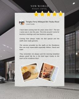 “Coming here always makes me feel special.” 🌟​

Thank you, Tengku Ferry Widayat Bin Teuku Rizul, for your continued trust since 2017.​

From impeccable service at the Residence Club to your favorite breakfast — beef tapa — we’re honored to be part of your business journeys and memorable mornings.​

Here’s to more meaningful stays at New World Makati Hotel. 

For dining inquiries or reservations: ​
📞 (02) 8811 6888 ext. 3800 ​
📱 0917 888 4194 ​
📧  servicecenter.manila@newworldhotels.com or fbreservations.manila@newworldhotels.com ​
🌐 manila.newworldhotels.com ​

#NewWorldMakati #NewWorldMakatiHotel #NewWorldHotels